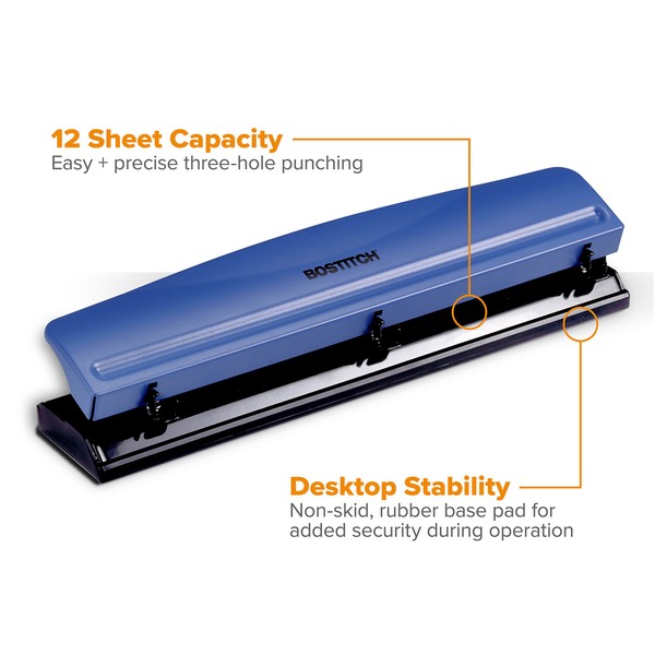 Bostitch Office 3 Hole Punch, 12 Sheet Capacity, Metal, Rubber Base, Easy-Clean Tray, Navy Blue (KT-HP12-BLUE)