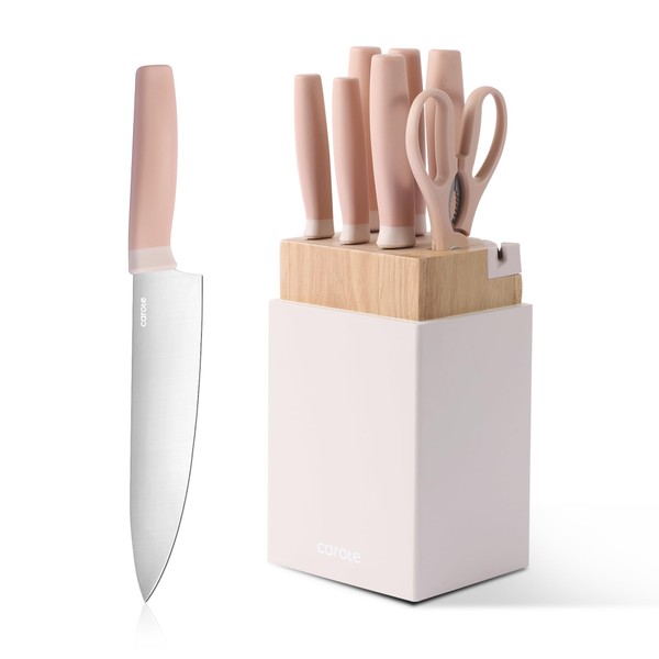 CAROTE Kitchen Knife Set with Block and Sharpener, Dishwasher Safe