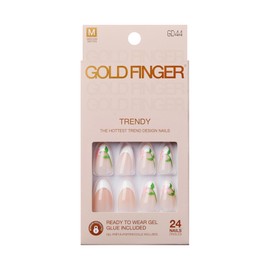 GoldFinger 24 Pcs Press On Nails, Medium Almond Fake Nails, Flower French Tip Gel Stick On Extensions, Reusable Full Cover False Nail Kit with Glue, Manicure Stick & File, 7 Day Long Lasting Wear