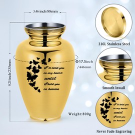 Imrsanl Cremation Urn for Human Ashes Burial Memorial Large Urns for Adult Male Female, Stainless Steel Engraved Butterfly Funeral Decorative Urns Keepsake for Women Men, 220 lbs (Gold)