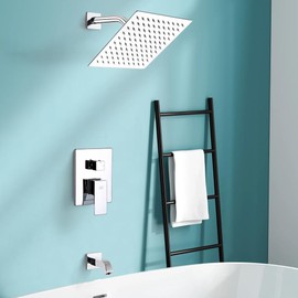 POP SANITARYWARE Shower Faucet with Tub Spout Chrome Bathroom Rain Mixer Shower System Wall Mounted Rainfall Shower Head and Handle Set, Tub and Shower Trim Kit with Rough-in Valve