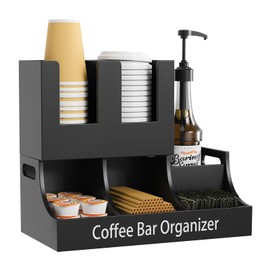 Busidhji Coffee Station Organizer, Wooden Coffee Bar Organizer for Countertop, Condiment and Cup Storage Organizer, Bar Accessories for Kitchen, Office, Home, Small Black
