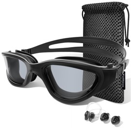 Fulllove Swimming Goggles, X1 Anti Fog Swim Goggles for Adult Men Women Youth, Anti UV No Leakage with Nose Clip Earplugs(B/All Black/Black Clear Lens)