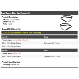Front Door Window Glass Run Channel - Set of 2 - Compatible with 1987-1996 Dodge Dakota