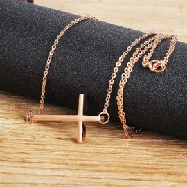 Ovian Sideways Cross Necklace for Women 18K Gold Plated Stainless Steel Christian Religious Cross Choker Necklace (02 Sideways Rose Gold)