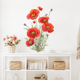 RoyoLam Red Poppy Wall Decals Removable Blooming Flower Vinyl Stickers for Nursery Living Room and Bathroom Botanical Decor Peel and Stick Wall Art for Feminine