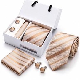 Champagne Gold Striped Silk Tie Gift Set for Men with Pocket Square & Cufflinks – Wedding & Formal Wear  Copy Title