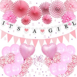 Babyparty Deko Mädchen - 45 Stück Rosa Baby Shower Deko mit Its A Girl Girlande Banner Wimpelkette Luftballons Papier Fächer Pompoms und Konfetti, Welcome Baby Girl Gender Reveal Party Dekoration