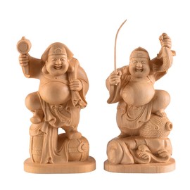 Fanlou Yi Diao Daikokuten Ebisu Figurine Buddhist Statue Wood Carving Hinoki Wood Made for Good Luck and Business Prosperity Health and Safety Fortune and Luck Evil Avoidance (Height 5.5 inches ×