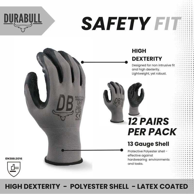 Durabull Latex Coated Work Gloves - Heavy Duty Protective Gloves
