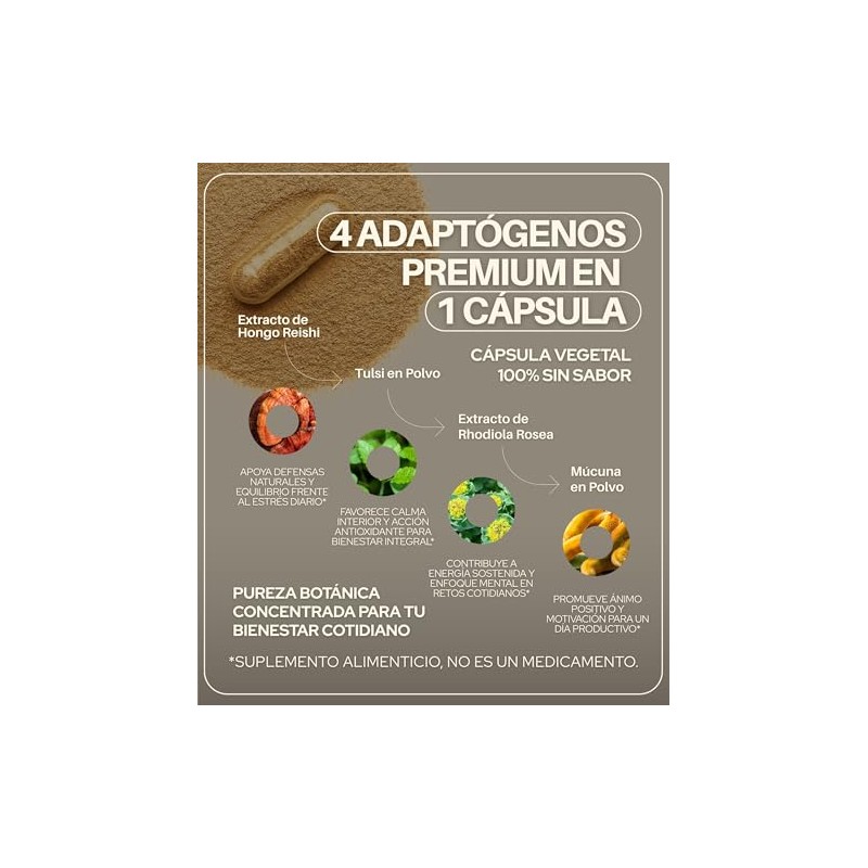 Stress Reset Adaptógenos Rhodiola Rosea Tulsi Múcuna Hongo Reishi Capsulas