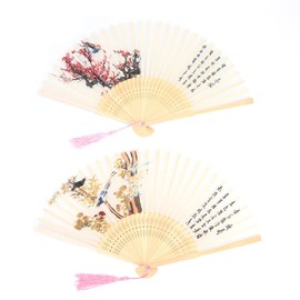 ANCLLO 2pcs Silk Hand Held Folding Fans 8.27inch (21cm) Women Hand Held Folding Fans with Bamboo Frame Chinese Retro Style #2