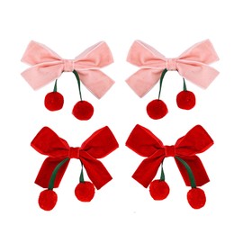 Velvet Ribbon Hair Bow Clips - 5 Pairs Cute Hair Bow Clips with Red Cherry Ball Handmade Alligator Barrettes Pins Bowknot Party Dress Decor Accessories for Girls (Pink/Red)