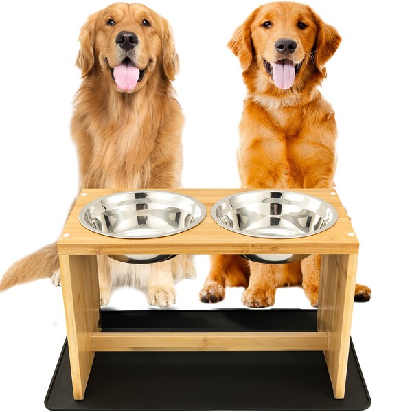 Yangbaga Elevated Dog Bowls, Raised Dog Feeding Station with 2 Bowls, Comes with a Nonslip Pad, Easy to Clean (Bamboo, Large)