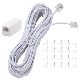 Ubramac 25Feet Long Telephone Extension Cord Phone Cable Line Wire, with Standard RJ11 Plug and 1 in-Line Couplers and 20 Cable Clip Holders-White