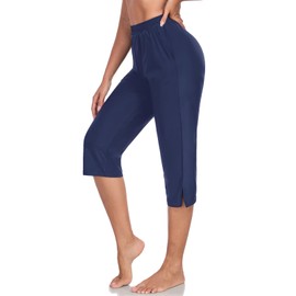 RELLECIGA Women's High Waisted Swim Capris Pants Board Shorts Bathing Suit Bottoms with Pockets, Navy Blue, X-Large