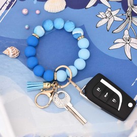 BAOSIWA Silicone Beaded Keychain Wristlet Key Ring Bracelet Blue Sea Wave Car Key Chain Holder for Women Girls