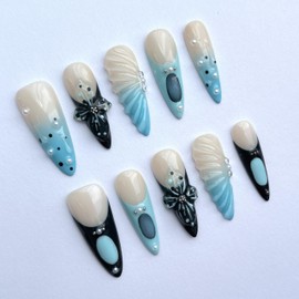 Handmade Press-On Nails, French Tip Press-On Nails Handcrafted 3D Floral Almond Nails Reusable Hand-Painted Design Nails Including Tool Kit, 10 Pieces (SHN034-S, S)