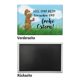 Search for eggs and happy Easter souvenir magnet with saying and Easter bunny as a beautiful decoration for Easter time for the fridge or pinning notes