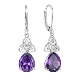 CARICY Celtic knot Earrings 925 Sterling Silver Dangle Drop Earrings for Women Teardrop February Amethyst Birthstone Celtic Trinity Earrings Birthday Jewelry