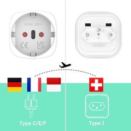 3 pieces Switzerland travel adapter, Germany to Switzerland travel adapter, adapter Switzerland Germany, Schuko EU to type J socket, for Maldives, Rwanda, Liechtenstein travel adapter, white