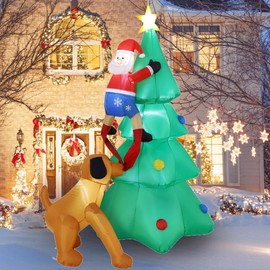 RVXHUA 6FT Christmas Inflatable with Santa and Dog, Lighted Outdoor Yard Decoration, Blow Up Christmas Tree with LED Lights for Holiday Party, Indoor Outdoor Lawn Decor