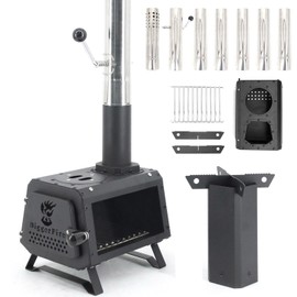 Wood Burning Stove with Fire Window,Portable Tent Stove with 7 Sectional Chimney Pipes,Sturdy Camping Wood Stove with X-shaped Pot Holder for Outdoor Backpacking,Cooking,Hiking and Heating