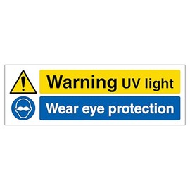 Warning UV Light Wear Eye Protection - Narrow Landscape 300 x 100 mm - Glow In The Dark 1mm Rigid Plastic
