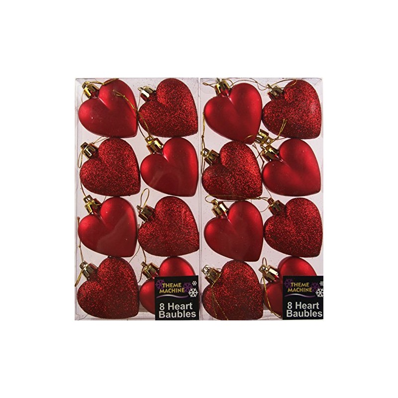 Set Of 16 Glitter And Matt RED Hearts Christmas Tree