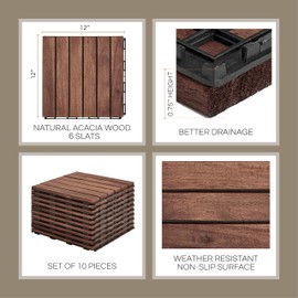 THYOI Premium Deck Tiles, Patio Flooring - Outdoor Waterproof Acacia Wood Tiles for All Weather Use - Balcony, Backyard, Indoor & Outdoor (Square Ft) (10, Dark Brown, 6S)