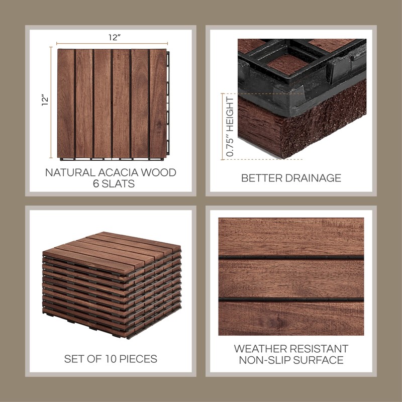 THYOI Premium Deck Tiles, Patio Flooring - Outdoor Waterproof Acacia