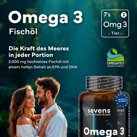 Omega 3 2000 mg Premium | Omegatex | Soft Gel Capsules Highest Concentration with 720 mg EPA and 480 mg DHA - Concentrated Fish Oil Preparation for Cholesterol - Sevens