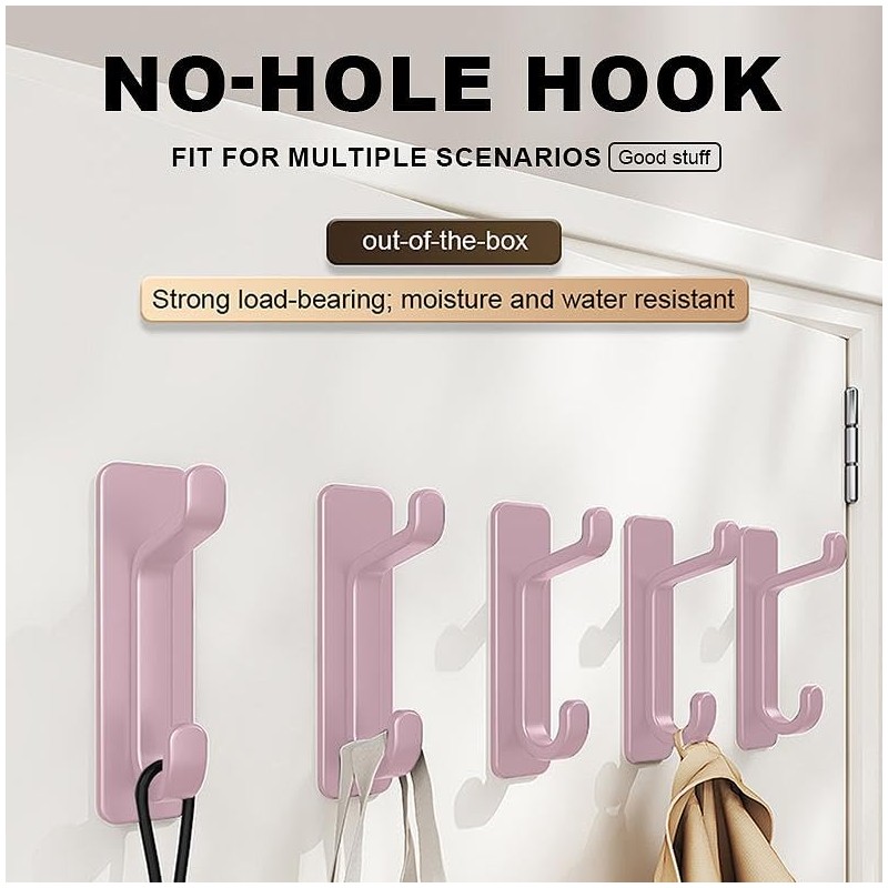 Self-Adhesive Wall Hooks, Pink, ABS Material, No-Hole Design, Waterproof Utility