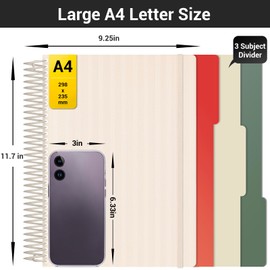 EUSOAR Spiral Notebook Graph Paper, A4 9.25" x 11.7" Large 3 Subject Notebook Journal, Hardcover Graph Grid Ruled Paper Composition Notebook 240 Pages with Pocket for Math, Science Students
