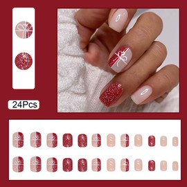 Christmas Press on Nails Short Square Fake Nails Christmas Gift Glitter False Nails with Design Nude Full Cover Winter Xmas Acrylic Nails Glue on Nail for Women Girls