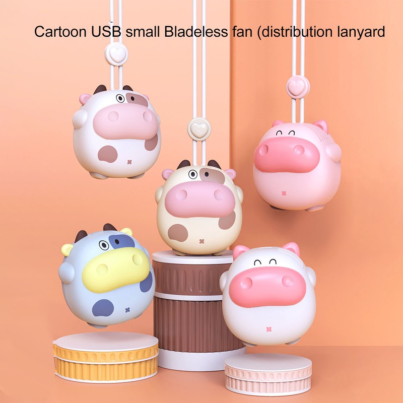 Mini Hanging Neck Fan USB Rechargeable Bladeless Cartoon Cow Shape