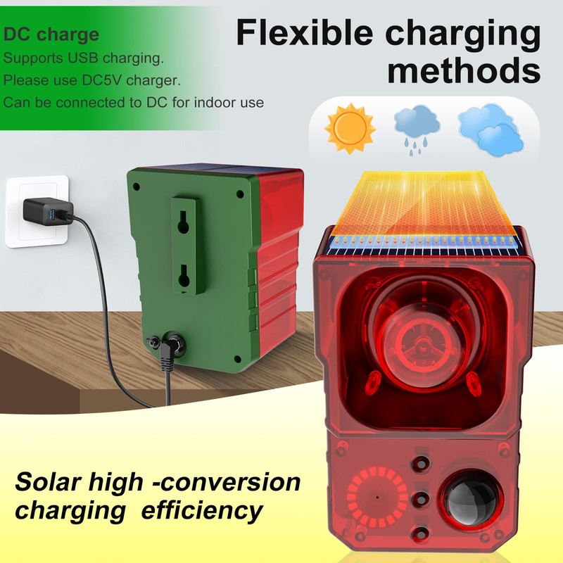 Solar Outdoor Motion Sensor Alarm - Noise maker129dB Alarm, Recording,