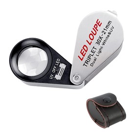 WOVTE Magnifier 30x Folding Magnifier 21mm Triplet Lens Magnifier 30X Magnifier with LED and UV Light for Jewelry Appraisal Portable Jewelry Loupe (30x21mm Magnification)