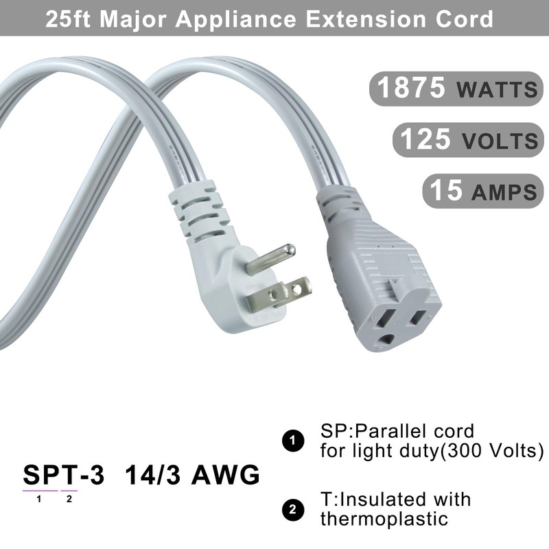 KUNCAN Appliance Power Extension Cord - 3 Prong Flat Wire