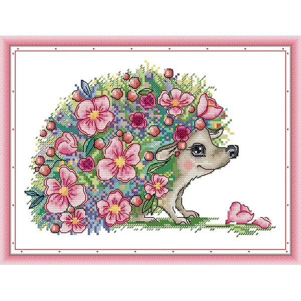 Amiiba Stamped Cross Stitch Kits, Animal Little Hedgehog Flower DIY 11CT 14.9x10.6 inch (Hedgehog)