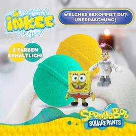 INKEE SpongeBob 5er Pack - Badebomben Kinder mit Überraschung - SpongeBob Schwammkopf Figuren zum Sammeln - 5x Badekugeln 80g mit Burgergummi-Aroma und Jojobaöl, Türkis oder Gelb