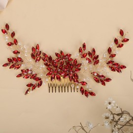 Rumtock Red Rhinestones Beads Hair Comb for Women Wedding Bridal Handmade Pearl Headpiece Special Occasion