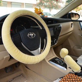 Wowjimi Car Steering Wheel Cover, Beige, 3-Piece Set, Winter, Car, Steering Wheel Cover, Unisex, Warm, Anti-Slip, Cold Protection, Fluffy, Soft, Gift, Steering Cover