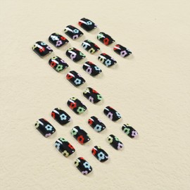 Tyuimhx Blue Flowers Press on Nails Square Short Fake Nails Light Blue False Nails Glossy Full Cover Stick on Nails Acrylic Spring Floral Artificial Nails for Women Girls Glue on Nails 24Pcs