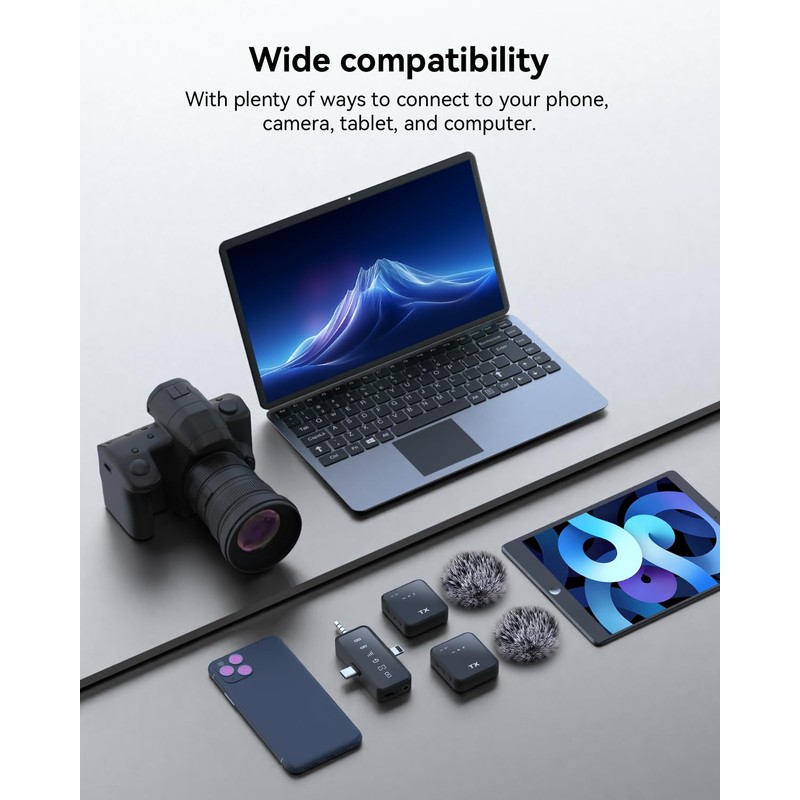 PQRQP 3 in 1 Microphone for iPhone/Android/Camera, Wireless Lavalier Microphone,