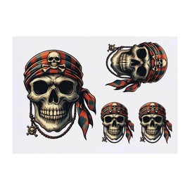 4 x 'Pirate Skull With Bandana' Temporary Tattoos - Water Resistant, Skin-Safe, Non-Toxic Transfers, Mixed Sizes (TO00077648)