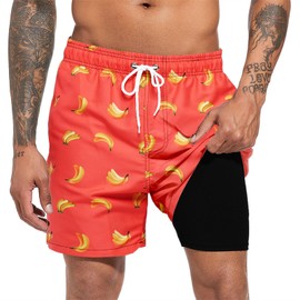 Men's Swim Trunks Quick Dry Beach Shorts with Compression Liner Swimming Shorts with Zipper Pockets Banana 2XL