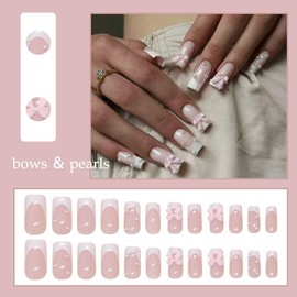 24Pcs Pink Press on Nails Medium Square White French Fake Nails Press ons Nail Art Tip 3D Bow Pearl Rhinestone Design Glue on Nails Artificial Acrylic Nails Full Cover False Nail for Women Nail Decor