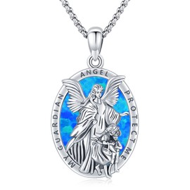Brisskaari Oval Guardian Angel Necklace for Men Women 925 Sterling Silver Blue Opal Religious Guardian Angel Pendant Medal Medallion Catholic Jewelry Gifts for Baptism Communion Comfirmation