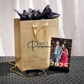 Anderson's Golden Jubilation Prom Swag Bag - Gold Glitter Gift Bag, 2025 Photo Frame, 33 inch Gold Bead Necklace, and Prom 2025 Wristband - Perfect Keepsake for Any Prom Theme